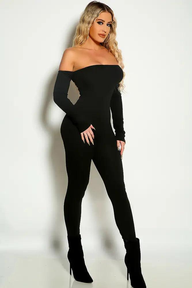 Black Long Sleeve Off The Shoulder Fitted Sexy Jumpsuit - AMIClubwear