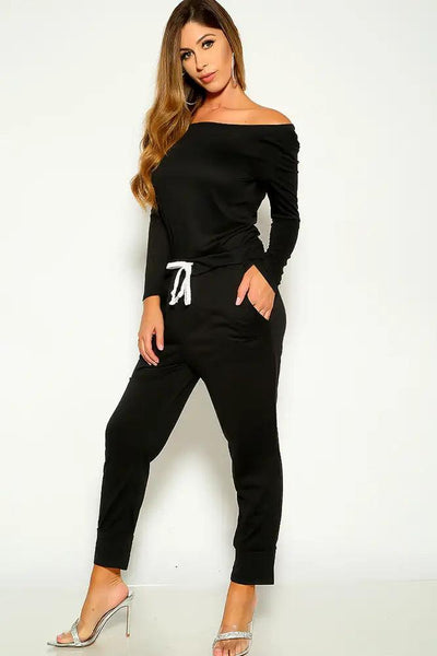 Black Long Sleeve Off The Shoulder Jumpsuit Lounge Wear Outfit - AMIClubwear