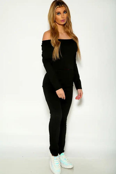 Black Long Sleeve Off The Shoulder Lounge Wear Outfit - AMIClubwear