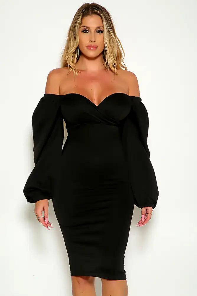 Black Long Sleeve Off The Shoulder Puff Sleeve Dress - AMIClubwear