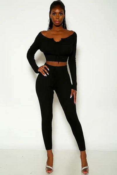Black Long Sleeve Off The Shoulder Ribbed Two Piece Outfit - AMIClubwear