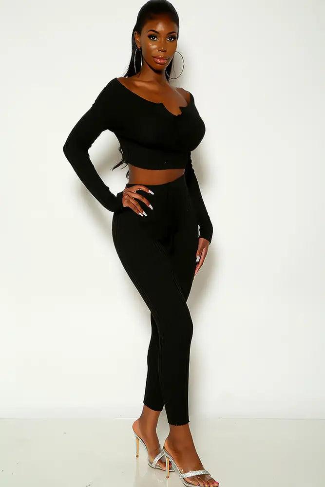 Black Long Sleeve Off The Shoulder Ribbed Two Piece Outfit - AMIClubwear