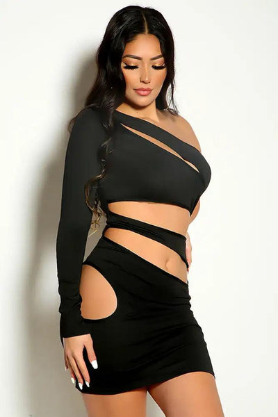 Black Long Sleeve One Shoulder Cut Out Party Dress - AMIClubwear