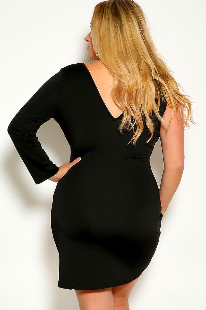 Black Long Sleeve One Shoulder Cut Out Ruched PLus Size Party Dress - AMIClubwear