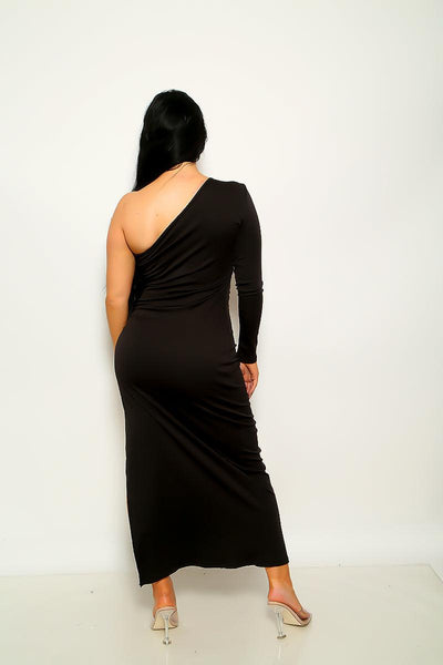Black Long Sleeve One Shoulder Mesh Design Maxi Party Dress - AMIClubwear