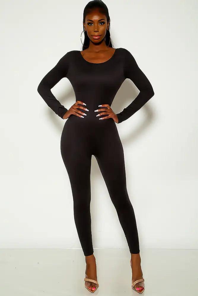 Black Long Sleeve Open Back Jumpsuit - AMIClubwear