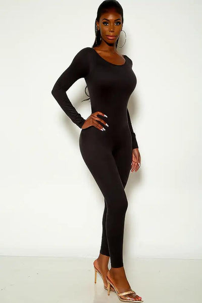 Black Long Sleeve Open Back Jumpsuit - AMIClubwear