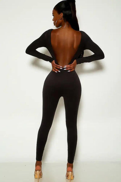 Black Long Sleeve Open Back Jumpsuit - AMIClubwear