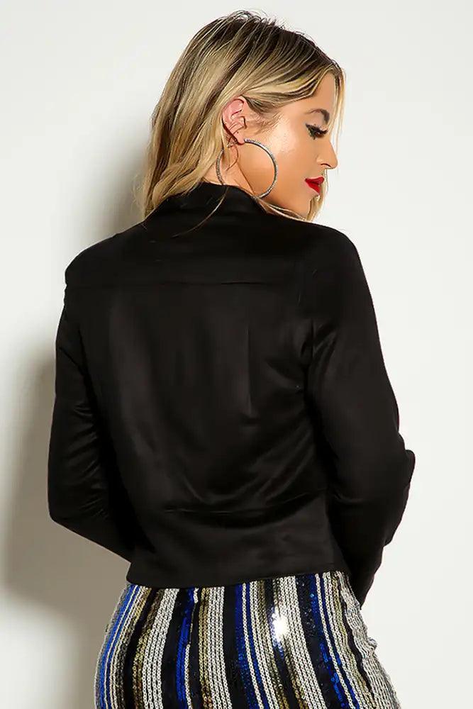 Black Long Sleeve Open Front Suede Jacket - AMIClubwear