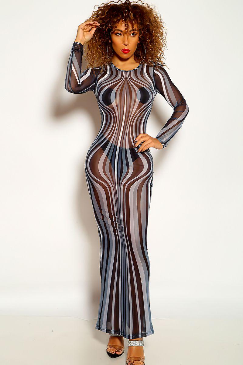 Black Long Sleeve Optical Illusions Print Design Mesh Party Dress - AMIClubwear