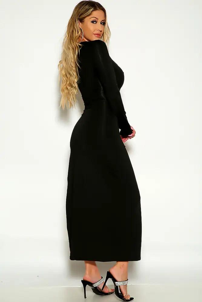 Black Long Sleeve Pin Detail Side Slit Party Dress - AMIClubwear