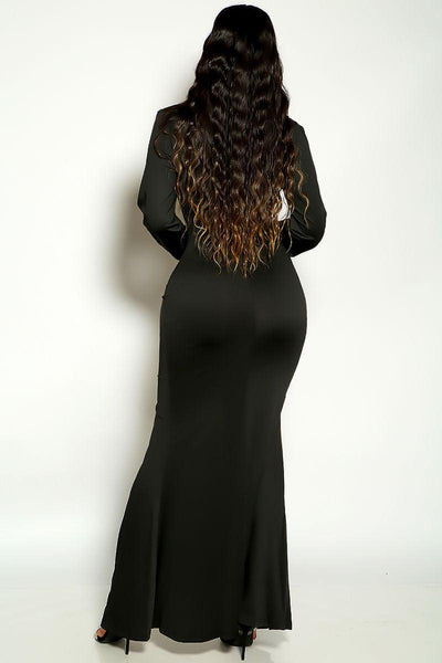 Black Long Sleeve Plunging Neckline Ruched SLit Maxi Dress - AMIClubwear