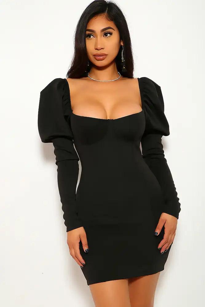 Black Long Sleeve Puffy Party Dress - AMIClubwear