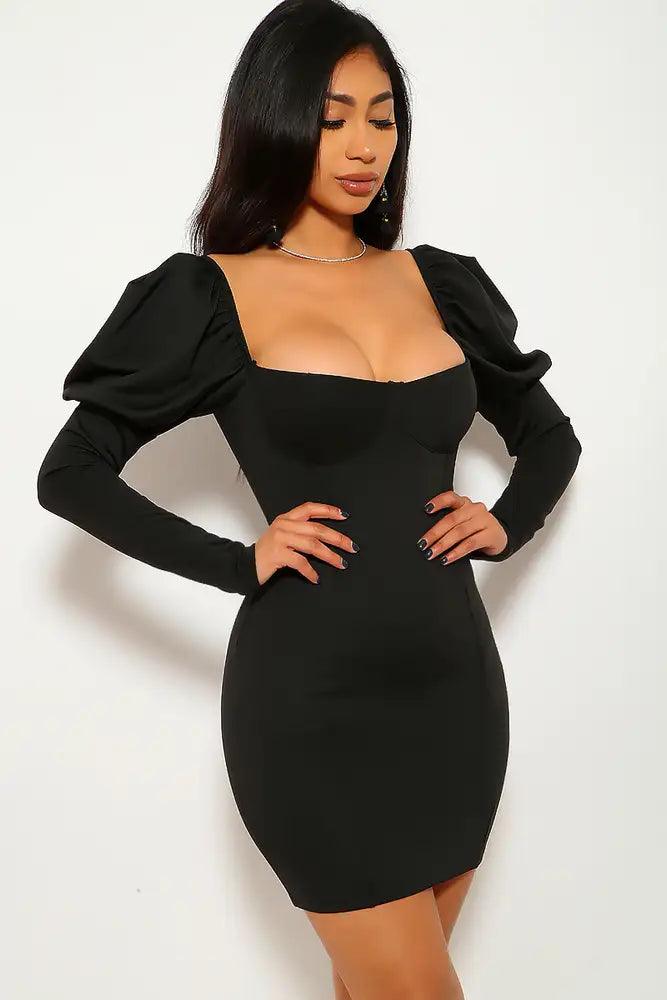 Black Long Sleeve Puffy Party Dress - AMIClubwear