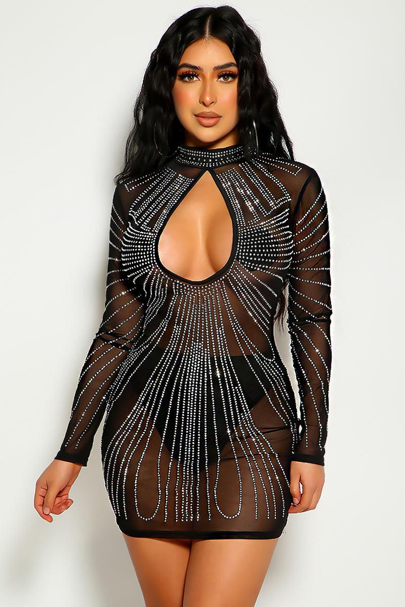 Black Long Sleeve Rhinestone Accent Mesh Party Sexy Dress - AMIClubwear