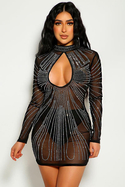 Black Long Sleeve Rhinestone Accent Mesh Party Sexy Dress - AMIClubwear