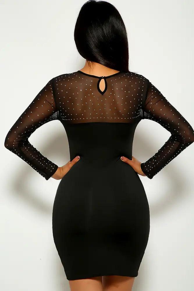 Black Long Sleeve Rhinestone Accent Party Dress - AMIClubwear