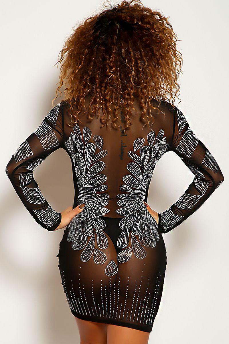 Black Long Sleeve Rhinestone Design Mesh Party Dress - AMIClubwear