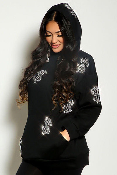 Black Long Sleeve Rhinestone Dollar Sign Hooded Sweater - AMIClubwear