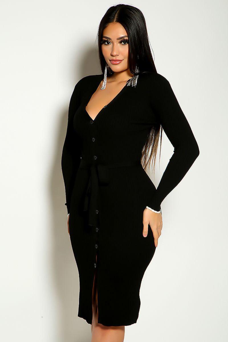 Black Long Sleeve Ribbed Button Up Belted Cozy Dress - AMIClubwear