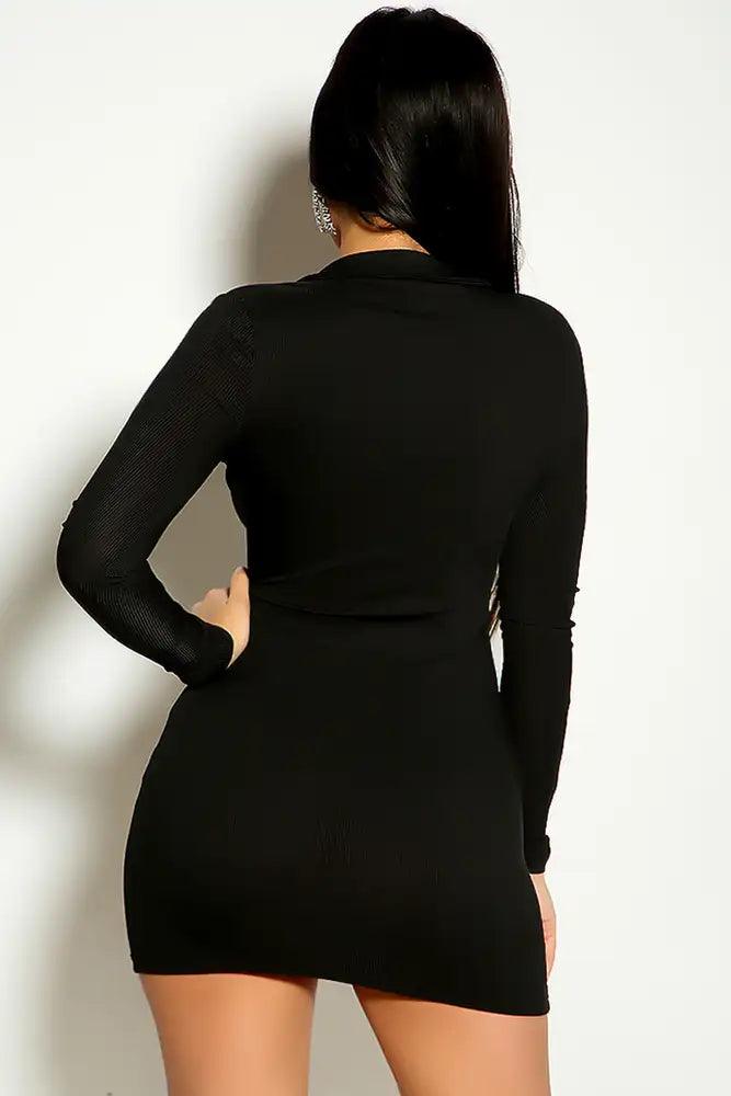 Black Long Sleeve Ribbed Collared Slit Fitted Dress - AMIClubwear