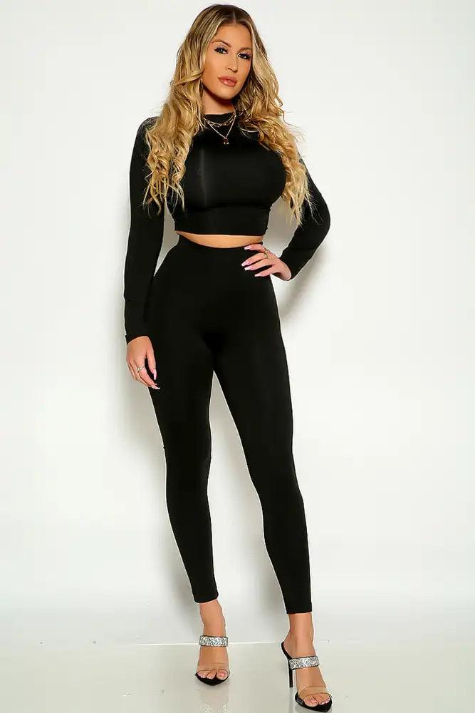 Black Long Sleeve Ribbed Cropped Zip Up Two Piece Lounge Wear Set - AMIClubwear