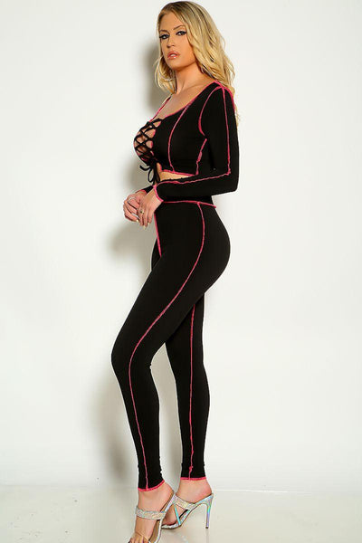 Black Long Sleeve Ribbed Lace Up Stitched Detail Two Piece Outfit - AMIClubwear