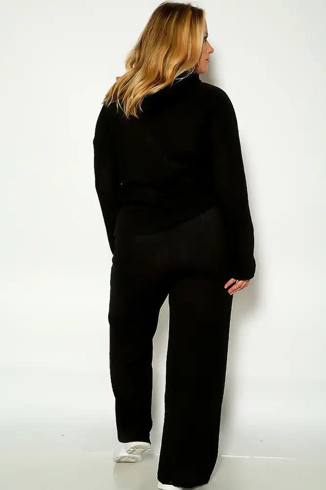 Black Long sleeve Ribbed Lounge Wear Plus Size Two Piece Outfit - AMIClubwear