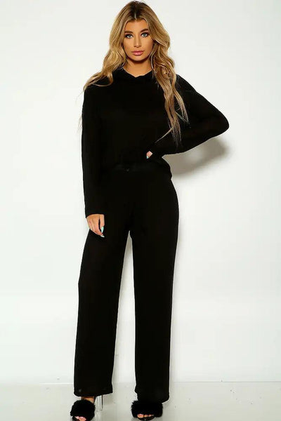 Black Long sleeve Ribbed Lounge Wear Two Piece Outfit - AMIClubwear