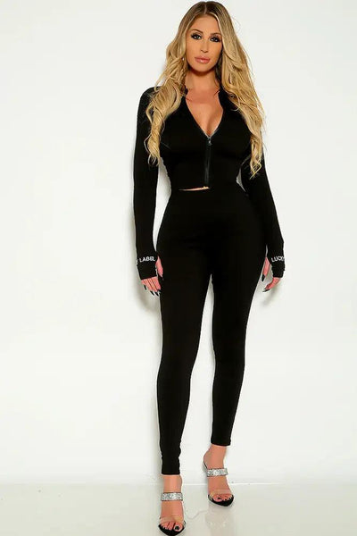 Black Long Sleeve Ribbed Lounge Wear Two Piece Outfit - AMIClubwear
