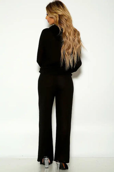 Black Long sleeve Ribbed Lounge Wear Two Piece Outfit - AMIClubwear
