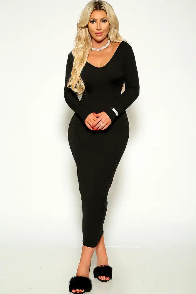 Black Long Sleeve Ribbed Midi Dress - AMIClubwear