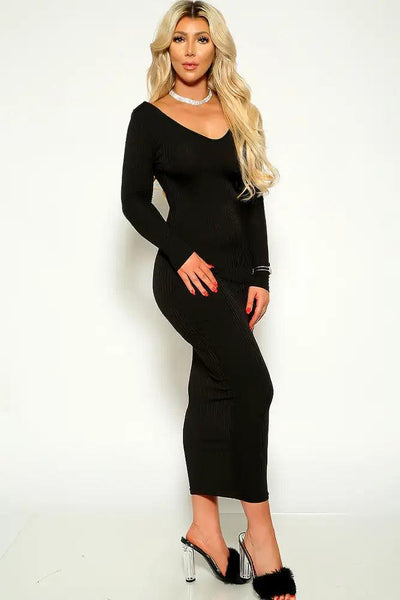 Black Long Sleeve Ribbed Midi Dress - AMIClubwear