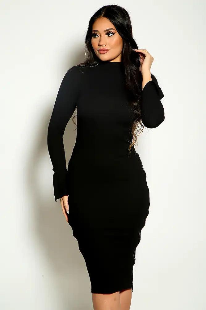 Black Long Sleeve Ribbed Mock Neck Side Zipper Detail Casual Dress - AMIClubwear