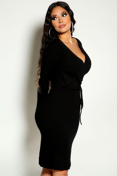 Black Long Sleeve Ribbed Ruched Detail  Sweater Dress - AMIClubwear