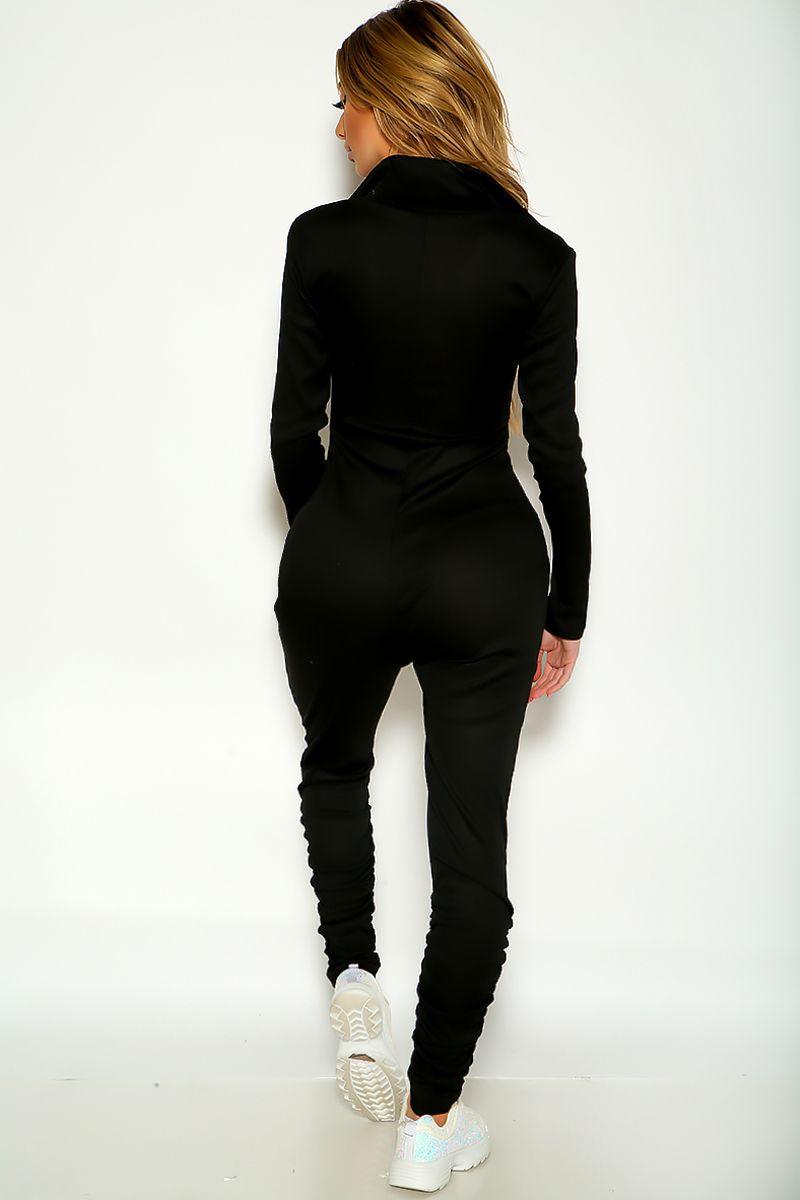 Black Long Sleeve Ribbed Ruched Sexy Jumpsuit - AMIClubwear