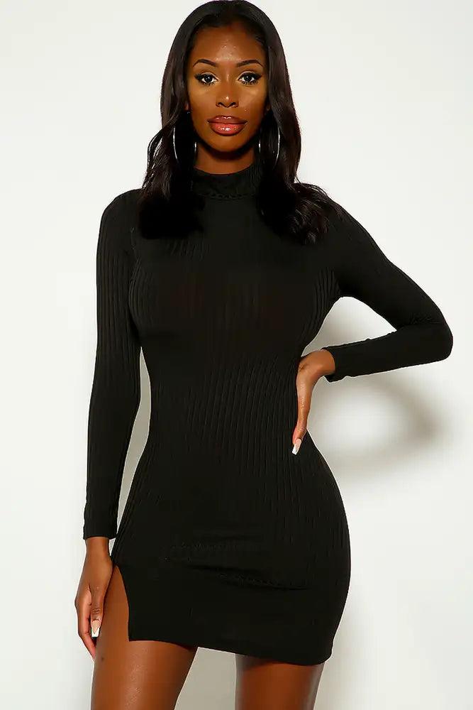 Black Long Sleeve Ribbed Side Slit Dress - AMIClubwear