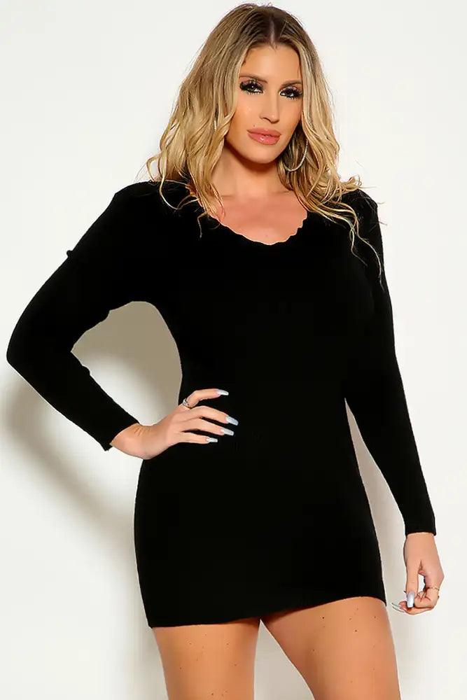 Black Long Sleeve Ribbed Sweater Dress - AMIClubwear