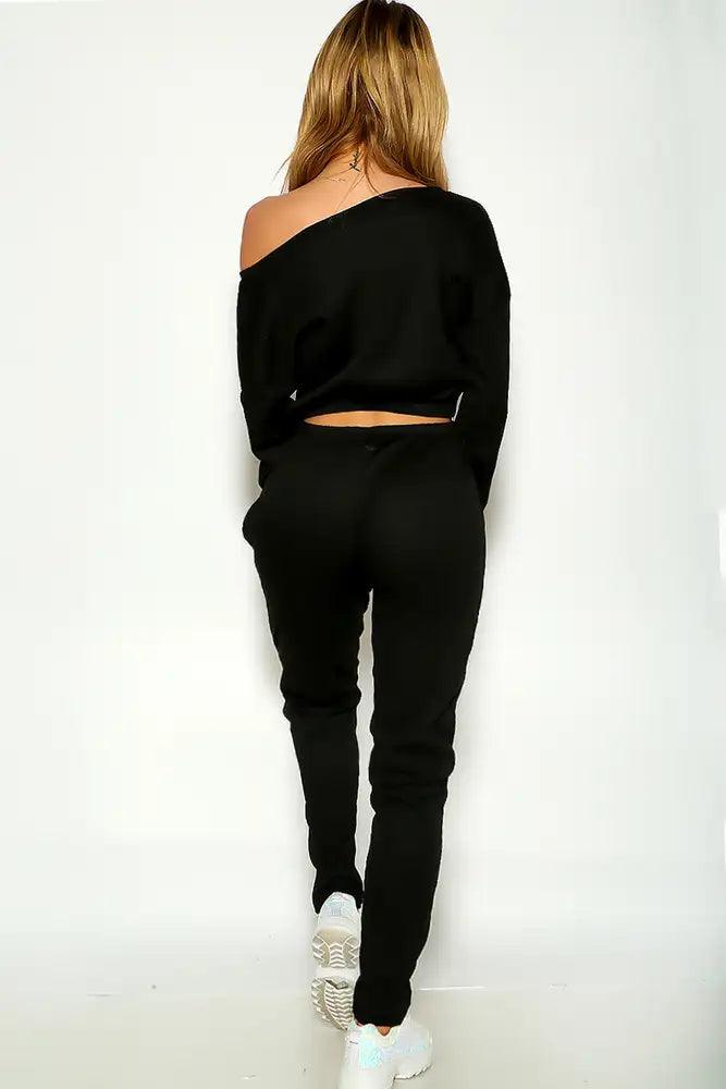 Black Long Sleeve Ribbed Two Piece Lounge Wear Outfit - AMIClubwear