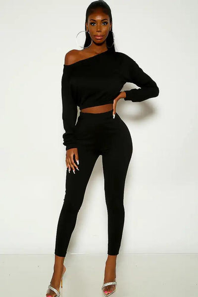 Black Long Sleeve Ribbed Two Piece Outfit - AMIClubwear