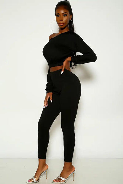 Black Long Sleeve Ribbed Two Piece Outfit - AMIClubwear