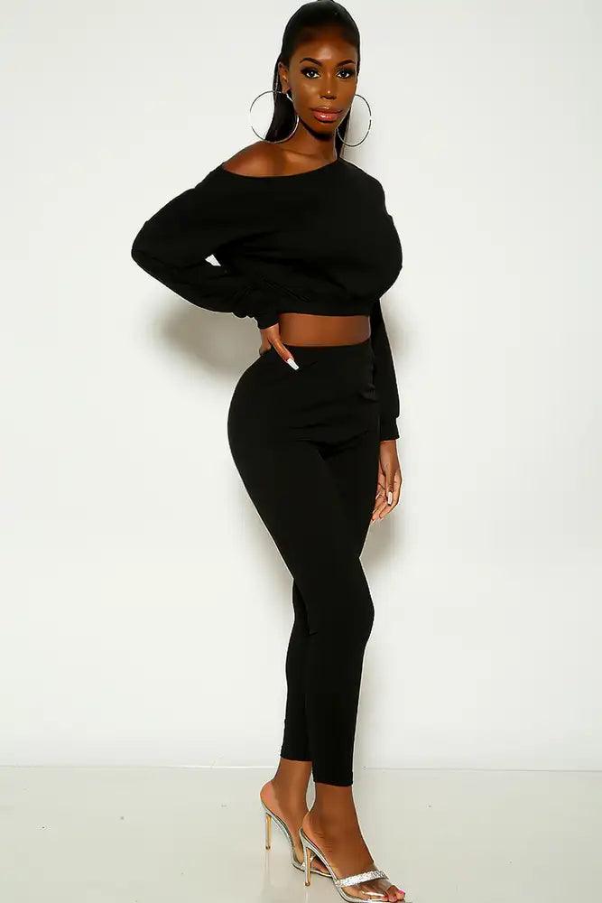 Black Long Sleeve Ribbed Two Piece Outfit - AMIClubwear