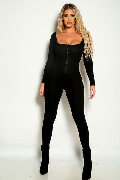 Black Long Sleeve Ribbed Zip Up Corset Piping Fitted Jumpsuit - AMIClubwear