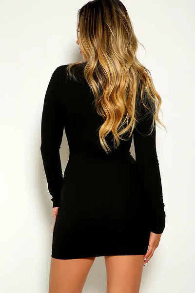Black Long Sleeve Ribbed Zipper Party Dress - AMIClubwear