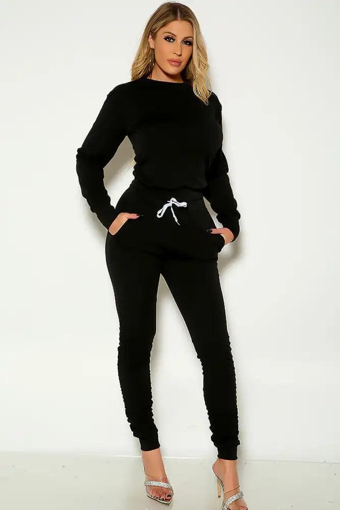 Black Long Sleeve Ruched Comfortable Lounge Wear Outfit - AMIClubwear