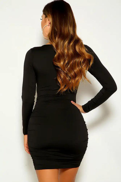 Black Long Sleeve Ruched Cut Out Party Dress - AMIClubwear