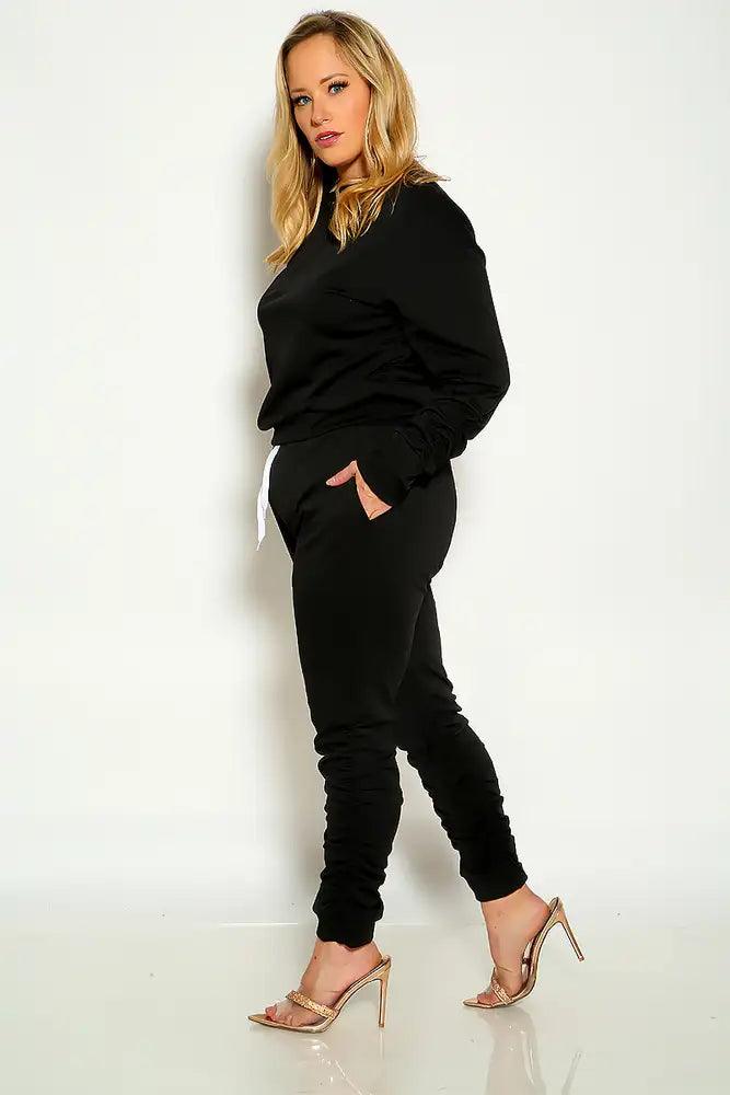 Black Long Sleeve Ruched Loungewear Plus Size Two Piece Outfit - AMIClubwear