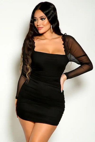 Black Long Sleeve Ruched Mesh Party Dress - AMIClubwear
