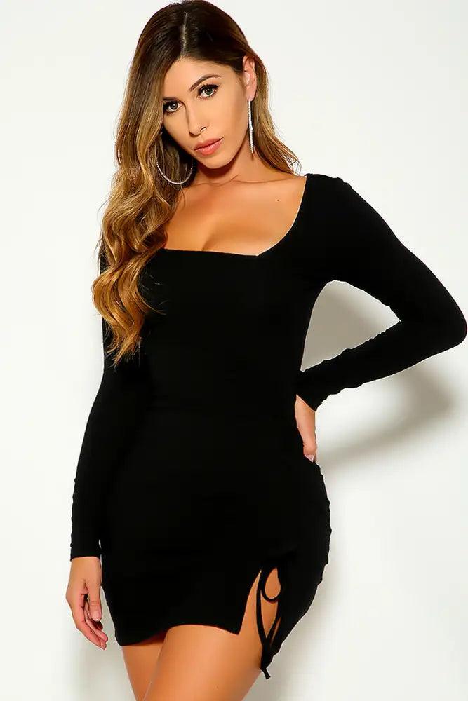 Black Long Sleeve Ruched Party Dress - AMIClubwear