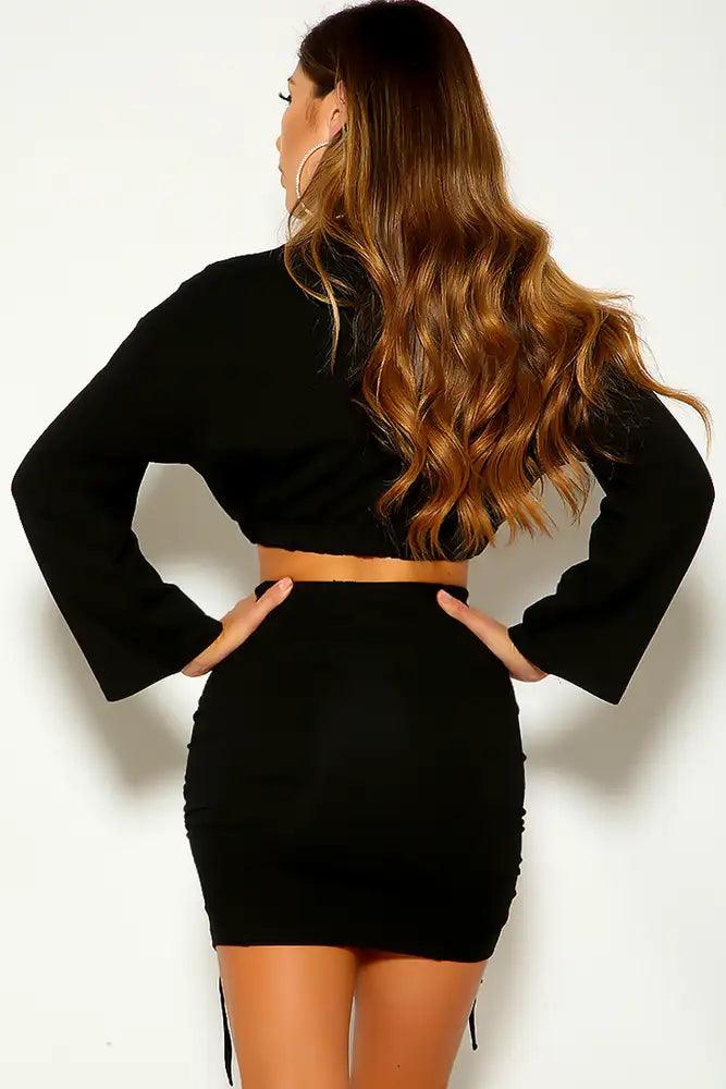 Black Long Sleeve Ruched Two piece Dress - AMIClubwear
